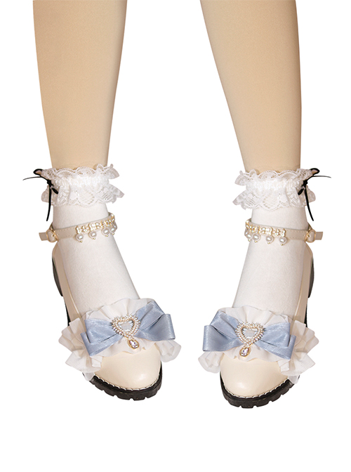 Daily Soft Cute Ruched Lace Bow Knot Trim Pearl Pendant Heart Metal Classic Lolita Chunky Heels