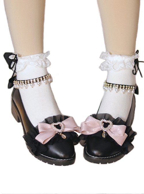 Daily Soft Cute Ruched Lace Bow Knot Trim Pearl Pendant Heart Metal Classic Lolita Chunky Heels