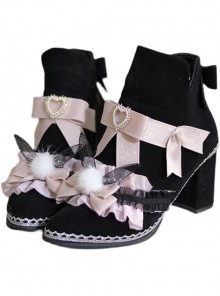 Black Short Fleece Warm Pink Bow Knot Mesh Bunny Ears Design Metal Heart Shape Decoration Classic Lolita Short Boots