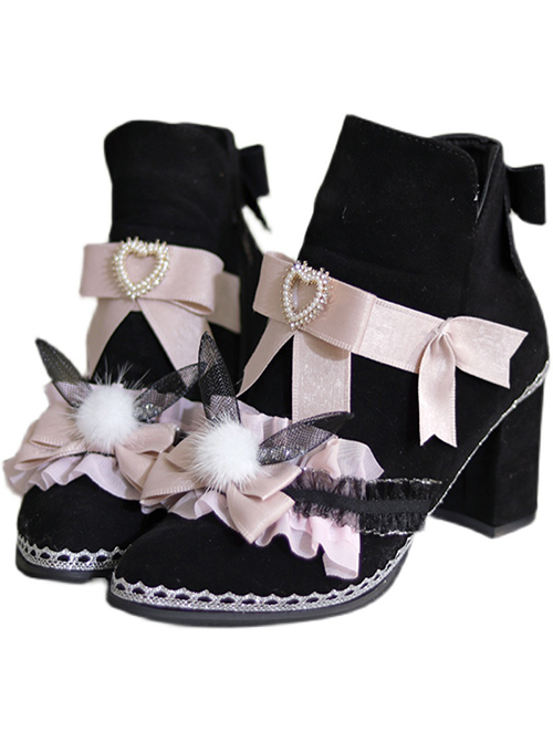 Black Short Fleece Warm Pink Bow Knot Mesh Bunny Ears Design Metal Heart Shape Decoration Classic Lolita Short Boots