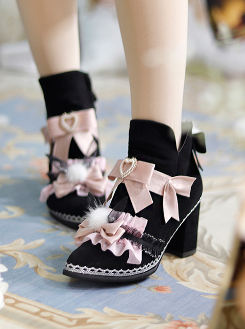 Black Short Fleece Warm Pink Bow Knot Mesh Bunny Ears Design Metal Heart Shape Decoration Classic Lolita Short Boots