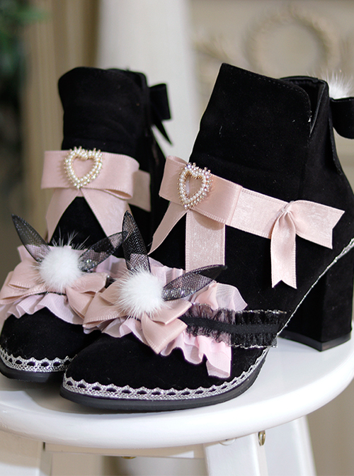 Black Short Fleece Warm Pink Bow Knot Mesh Bunny Ears Design Metal Heart Shape Decoration Classic Lolita Short Boots