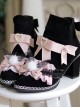 Black Short Fleece Warm Pink Bow Knot Mesh Bunny Ears Design Metal Heart Shape Decoration Classic Lolita Short Boots