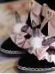 Black Short Fleece Warm Pink Bow Knot Mesh Bunny Ears Design Metal Heart Shape Decoration Classic Lolita Short Boots