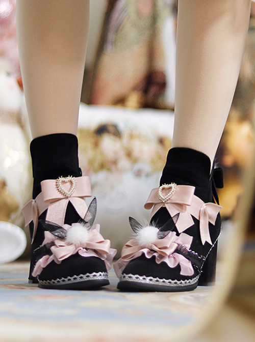 Black Short Fleece Warm Pink Bow Knot Mesh Bunny Ears Design Metal Heart Shape Decoration Classic Lolita Short Boots