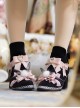 Black Short Fleece Warm Pink Bow Knot Mesh Bunny Ears Design Metal Heart Shape Decoration Classic Lolita Short Boots