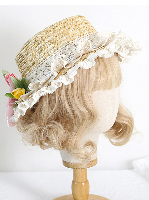 Children Pink Tulip Lace Bow Knot Decoration Classic Lolita Summer Shade Elegant Straw Woven Hat