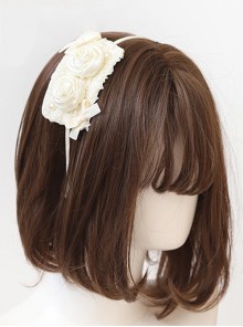 Cream White French Style Rose Design Sweet And Cute Pearl Bow Knot Decoration Classic Lolita Shield Shape Headband