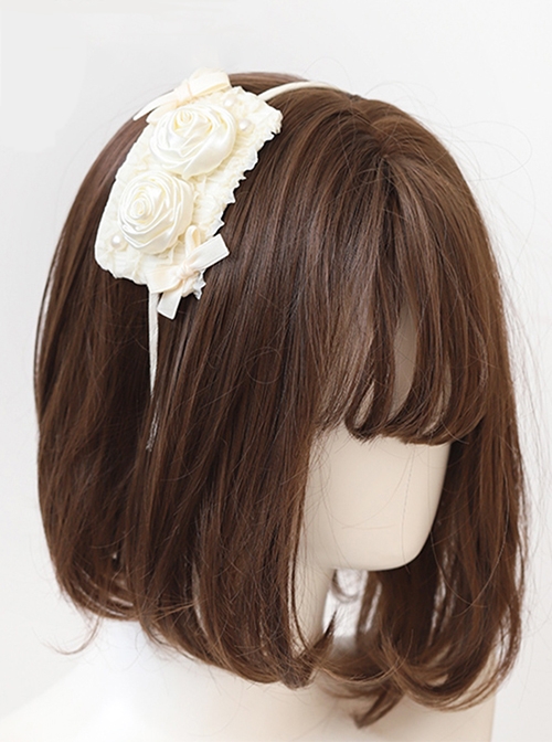 Cream White French Style Rose Design Sweet And Cute Pearl Bow Knot Decoration Classic Lolita Shield Shape Headband