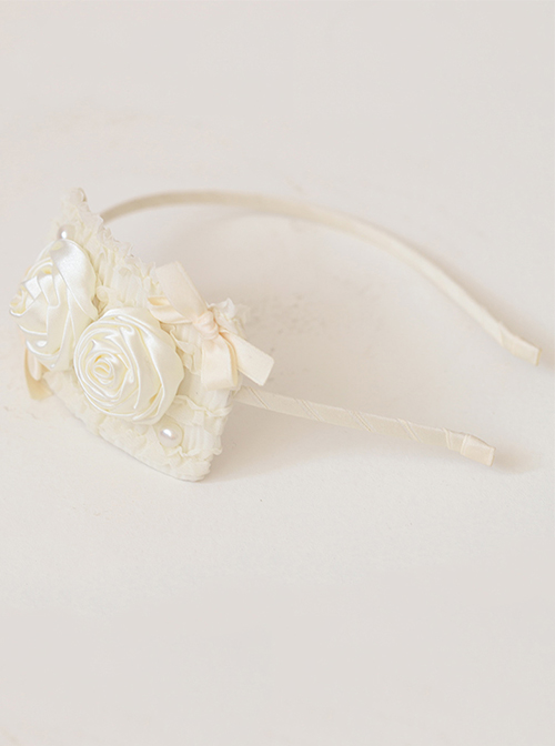 Cream White French Style Rose Design Sweet And Cute Pearl Bow Knot Decoration Classic Lolita Shield Shape Headband