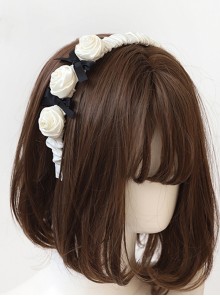 Retro French Satin Fabric Pleated White Rose Shape Sweet Black Bow Knots Decoration Classic Lolita Wide-Brimmed Headband