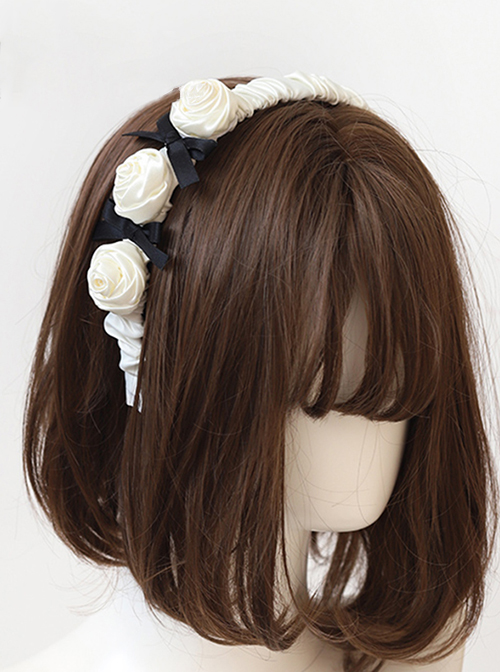 Retro French Satin Fabric Pleated White Rose Shape Sweet Black Bow Knots Decoration Classic Lolita Wide-Brimmed Headband