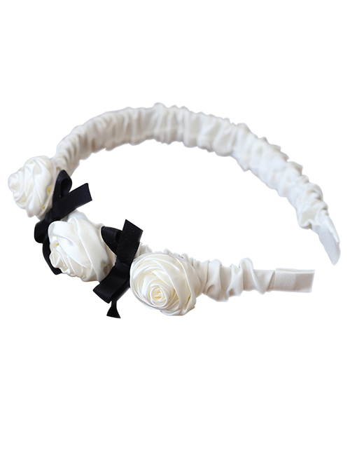 Retro French Satin Fabric Pleated White Rose Shape Sweet Black Bow Knots Decoration Classic Lolita Wide-Brimmed Headband