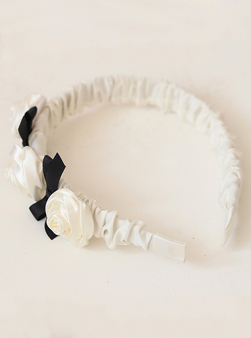 Retro French Satin Fabric Pleated White Rose Shape Sweet Black Bow Knots Decoration Classic Lolita Wide-Brimmed Headband