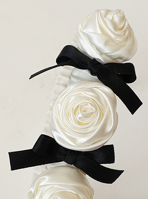 Retro French Satin Fabric Pleated White Rose Shape Sweet Black Bow Knots Decoration Classic Lolita Wide-Brimmed Headband