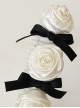 Retro French Satin Fabric Pleated White Rose Shape Sweet Black Bow Knots Decoration Classic Lolita Wide-Brimmed Headband