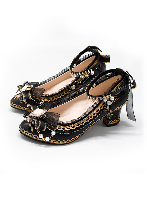 Japanese Style Gorgeous Gold Pattern Trim Pearl Chain Mesh Bow Knot Decoration Classic Lolita Black High Heel