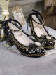 Japanese Style Gorgeous Gold Pattern Trim Pearl Chain Mesh Bow Knot Decoration Classic Lolita Black High Heel