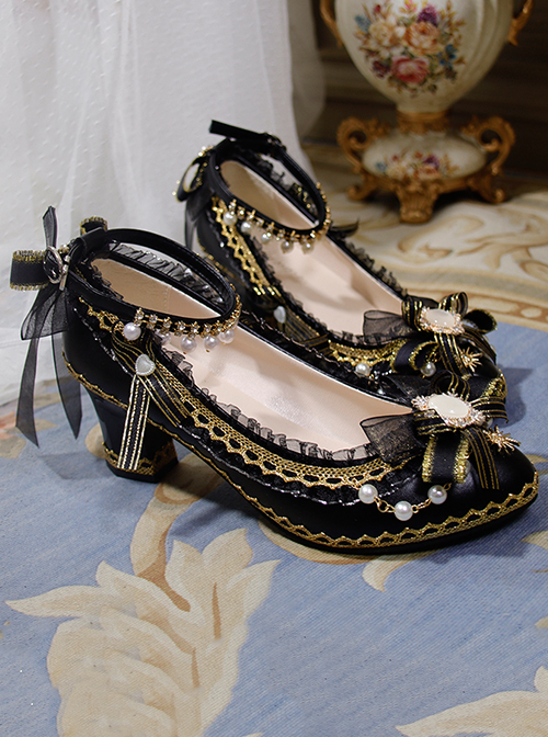 Japanese Style Gorgeous Gold Pattern Trim Pearl Chain Mesh Bow Knot Decoration Classic Lolita Black High Heel