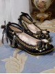Japanese Style Gorgeous Gold Pattern Trim Pearl Chain Mesh Bow Knot Decoration Classic Lolita Black High Heel