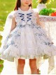 Classic Lolita White Lace Layered Hem Blue Floral Decoration Pleated Collar Bow Knot Sleeveless Kid Princess Dress