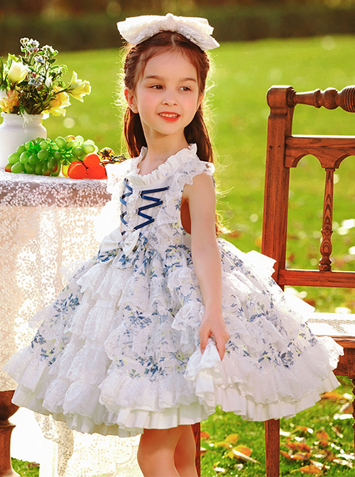 Classic Lolita White Lace Layered Hem Blue Floral Decoration Pleated Collar Bow Knot Sleeveless Kid Princess Dress