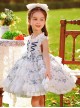 Classic Lolita White Lace Layered Hem Blue Floral Decoration Pleated Collar Bow Knot Sleeveless Kid Princess Dress