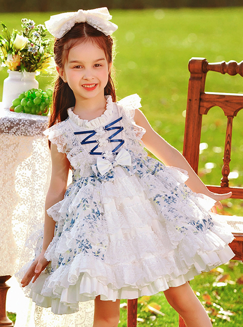 Classic Lolita White Lace Layered Hem Blue Floral Decoration Pleated Collar Bow Knot Sleeveless Kid Princess Dress