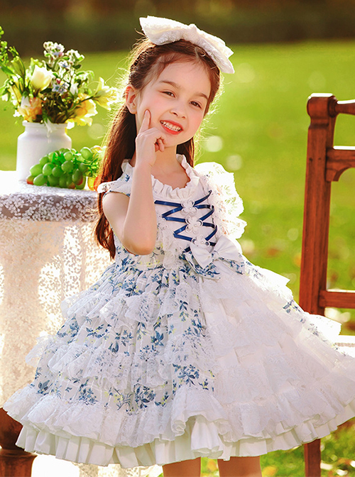 Classic Lolita White Lace Layered Hem Blue Floral Decoration Pleated Collar Bow Knot Sleeveless Kid Princess Dress