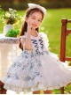 Classic Lolita White Lace Layered Hem Blue Floral Decoration Pleated Collar Bow Knot Sleeveless Kid Princess Dress