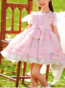 Cute Cartoon Pattern Print Pink Pleated Ruffle Chiffon Flying Sleeve Design Bow Knot Decoration Classic Lolita Kid Princess Dress