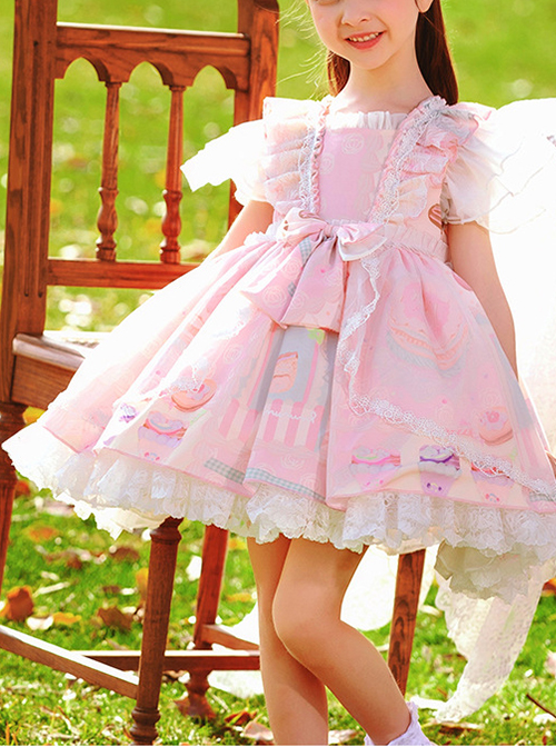 Cute Cartoon Pattern Print Pink Pleated Ruffle Chiffon Flying Sleeve Design Bow Knot Decoration Classic Lolita Kid Princess Dress