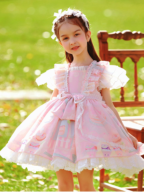 Cute Cartoon Pattern Print Pink Pleated Ruffle Chiffon Flying Sleeve Design Bow Knot Decoration Classic Lolita Kid Princess Dress