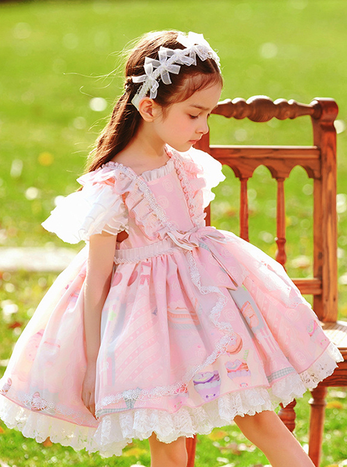 Cute Cartoon Pattern Print Pink Pleated Ruffle Chiffon Flying Sleeve Design Bow Knot Decoration Classic Lolita Kid Princess Dress