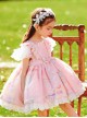 Cute Cartoon Pattern Print Pink Pleated Ruffle Chiffon Flying Sleeve Design Bow Knot Decoration Classic Lolita Kid Princess Dress