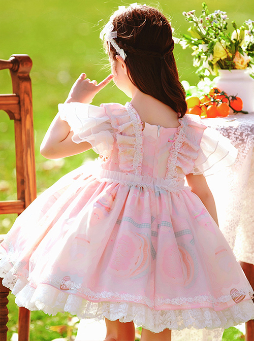 Cute Cartoon Pattern Print Pink Pleated Ruffle Chiffon Flying Sleeve Design Bow Knot Decoration Classic Lolita Kid Princess Dress