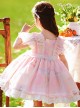 Cute Cartoon Pattern Print Pink Pleated Ruffle Chiffon Flying Sleeve Design Bow Knot Decoration Classic Lolita Kid Princess Dress