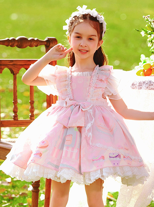 Cute Cartoon Pattern Print Pink Pleated Ruffle Chiffon Flying Sleeve Design Bow Knot Decoration Classic Lolita Kid Princess Dress