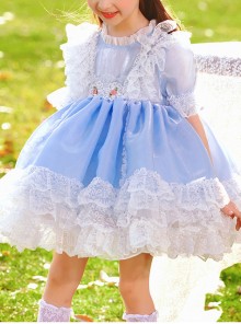 White Lace Pattern Embroidery Layered Hem Blue Simple Classic Lolita Three-Dimensional Pink Flower Decoration Short Sleeve Kid Princess Dress