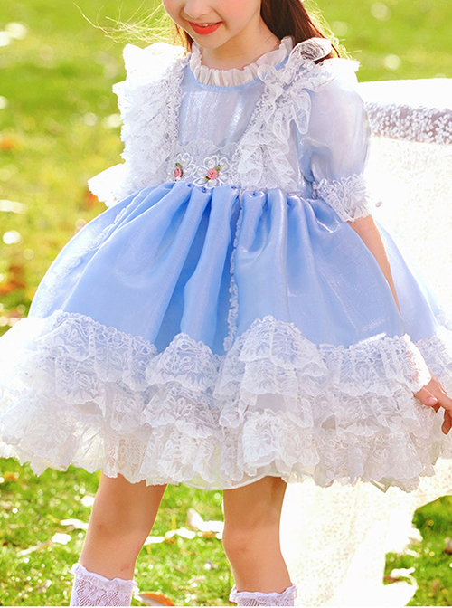 White Lace Pattern Embroidery Layered Hem Blue Simple Classic Lolita Three-Dimensional Pink Flower Decoration Short Sleeve Kid Princess Dress