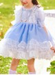 White Lace Pattern Embroidery Layered Hem Blue Simple Classic Lolita Three-Dimensional Pink Flower Decoration Short Sleeve Kid Princess Dress