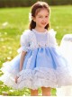 White Lace Pattern Embroidery Layered Hem Blue Simple Classic Lolita Three-Dimensional Pink Flower Decoration Short Sleeve Kid Princess Dress