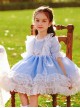 White Lace Pattern Embroidery Layered Hem Blue Simple Classic Lolita Three-Dimensional Pink Flower Decoration Short Sleeve Kid Princess Dress