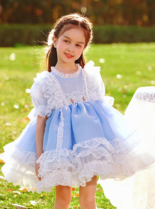 White Lace Pattern Embroidery Layered Hem Blue Simple Classic Lolita Three-Dimensional Pink Flower Decoration Short Sleeve Kid Princess Dress