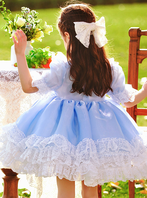 White Lace Pattern Embroidery Layered Hem Blue Simple Classic Lolita Three-Dimensional Pink Flower Decoration Short Sleeve Kid Princess Dress