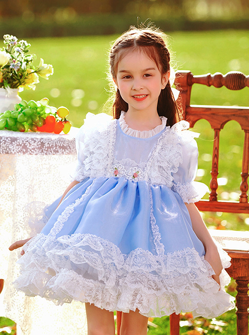 White Lace Pattern Embroidery Layered Hem Blue Simple Classic Lolita Three-Dimensional Pink Flower Decoration Short Sleeve Kid Princess Dress