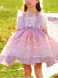 Cute Cartoon Cat Print Decoration Pleated Ruffle Ears Shape Design Chiffon Lace Layered Hem Classic Lolita Big Bow Knot Kid Princess Dress