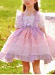 Cute Cartoon Cat Print Decoration Pleated Ruffle Ears Shape Design Chiffon Lace Layered Hem Classic Lolita Big Bow Knot Kid Princess Dress