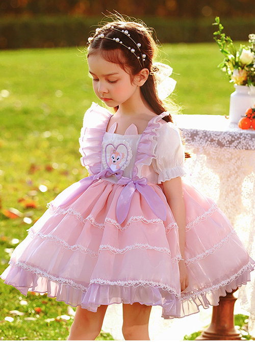 Cute Cartoon Cat Print Decoration Pleated Ruffle Ears Shape Design Chiffon Lace Layered Hem Classic Lolita Big Bow Knot Kid Princess Dress