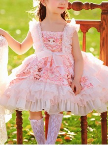 Pink Doll Candy Pattern Print Lace-Ruched Puffed Hem Bow Knot Decoration Classic Lolita Kid Princess Dress